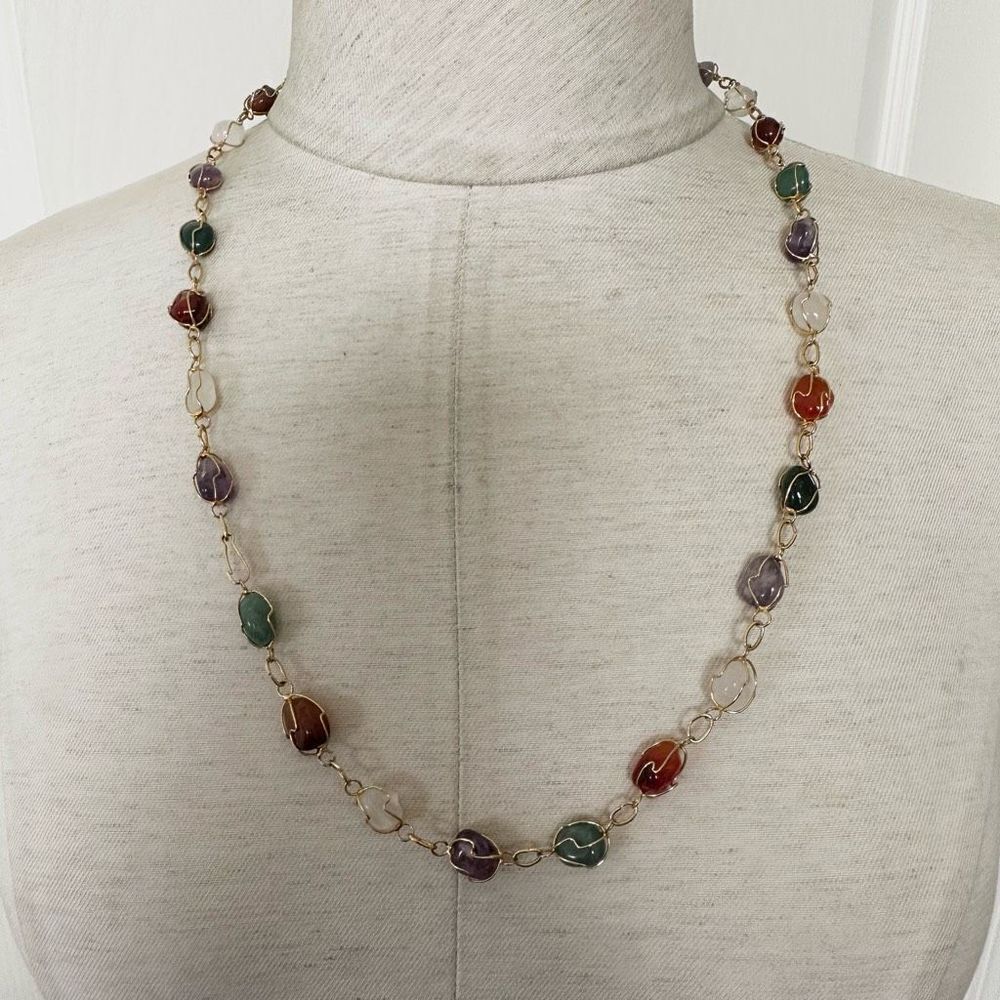 Natural stone gold tone long necklace